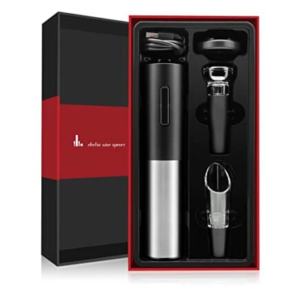 Flauno Electric Wine Opener Set - Automatic Corkscrew Wine Bottle Opener with USB C Cable - Gift Box Contains Foil Cutter - Aerator Pourer - Wine