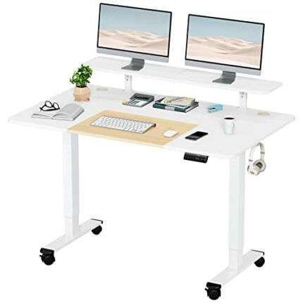 WOKA 55 x 28 Inch Electric Standing Desk with Wheels, Height Adjustable Stand up Desk with a Monitor Stand Riser, Standing Computer Desk with Mem