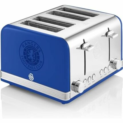 Swan Official Rangers Football Club 4 Slice Retro Toaster, Blue, 1600W, Red Indicator Lights, Defrost and Reheat Settings, Removable Crumb Tray,