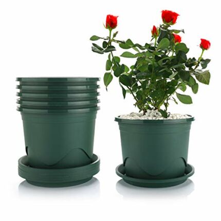 T4U 22CM Plastic Plant Pot with Saucer Set of 6, Root-Control Nursery Seedling Planter Decorative Garden Flower Pot Container Green for Indoor Ou