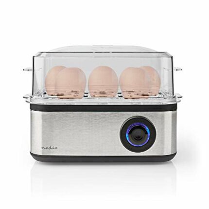 Nedis Egg Cooker for Up to 8 Eggs, 500W, Dishwasher Safe Stainless Steel, 3 Cooking Settings and Temperature Control, Poaching Tray, Black/Alumin