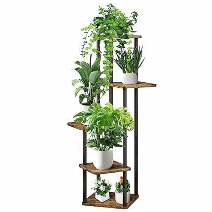 VASZOLA 5 Tier Wood Tall Plant Stand Metal Rack, Multiple Flower Pot Holder Shelves Corner Rack, Planter Shelf Display Rack Storage Organizer for