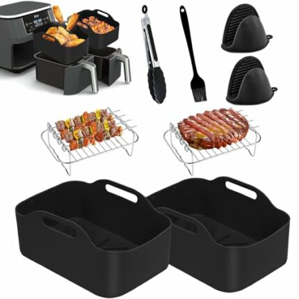 8PCS AIr Fryer Accessories for Ninja Dual AF400UK & Tower T17088, Dual Silicone Air Fryer Liners & Gloves, Air Fryer Rack & Food Tong for Oven, M