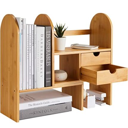 Bamboo Desktop Bookshelf Organizer, Adjustable Office Desk Storage Shelf Rack, Natural Wood Tabletop Display Shelf Rack for Office Supplies, Home