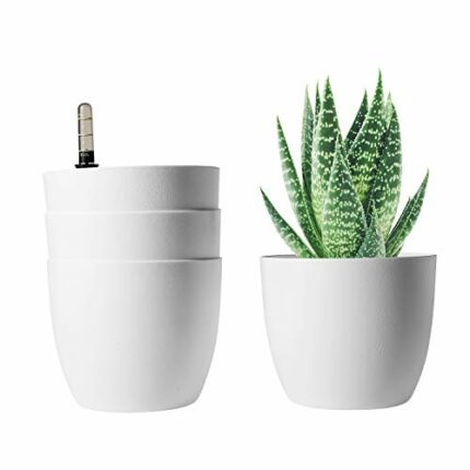 T4U 15CM Self Watering Plant Pots, Plastic Plant Pots Pack of 4, Self Watering Planter with Water Level Indicator, White Plant Pots Indoor Outdoo