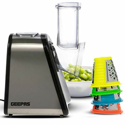 Geepas 200W 4 in 1 Electric Salad Maker | Electric, Multi Grater, Fruit Cutter, Vegetable Slicer, Shredder | Food Processor, Cylinder Design with