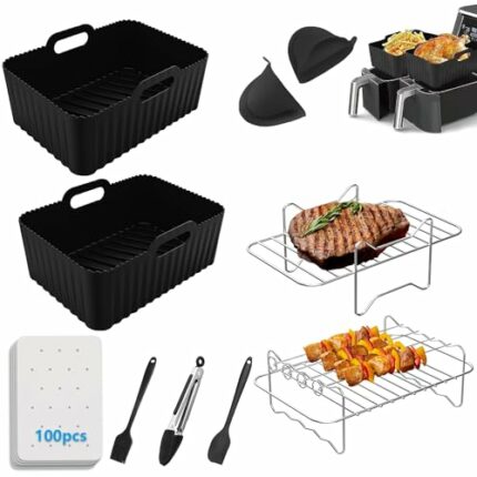 Covlongyu Air Fryer Accessories,10 PCS Dual Air Fryer AF300UK, AF400UK, with air Fryer Liners Basket & Air Fryer Rack & Silicone Oven Gloves &Foo