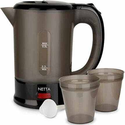 NETTA 0.5L Travel Kettle with 2 Cups – Lightweight and Space-Saving – Boil-Dry Protection and Auto Shut-Off – Ideal for Caravans, Suitcases, Dorm