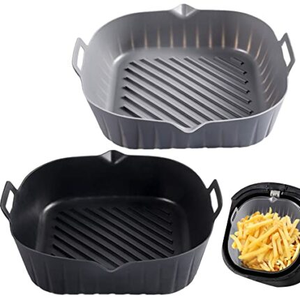 2Pcs Air Fryer Silicone Pot, 8 Inch Square Silicone Air Fryer Liners Basket Fit for 4 To 7 QT, Reusable and Food Safe (Black+ Gray)