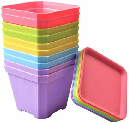KAHEIGN 24Pcs Square Plant Pots, 7cm Thicken Plastic Flower Pots Succulent Planter Nursery Pots with Pallet/Trays for Small Potted Plants (6 Colo
