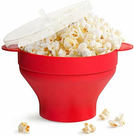 Popcorn Maker, Microwave Silicone Popcorn Popper with Lid and Handles Hot Air Big Size Collapsible Bowl BPA Free Dishwasher Safe Red High Tempera