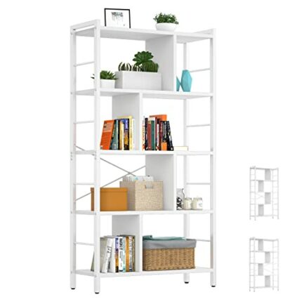 armocity Bookshelf 5 Tier Tall Industrial Bookcase Wood Metal Frame Standing Book Shelf, Display Bookshelves Storage Organizer for Bedroom Living