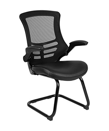 Flash Furniture Mesh Sled Base Side Reception Chair with Flip-Up Arms, Foam Faux Leather Metal Plastic Plywood, Black LeatherSoft, Set of 1