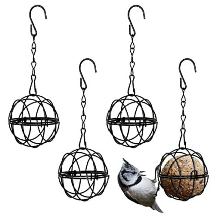 SUNYOK 4 Pcs Fat Ball Feeders Hanging Bird Feeder Metal Fat Ball Bird Holder with 4 S-shaped hooks for Outdoor Garden Wildlife Birds Finch Sparro