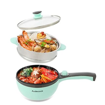 Audecook Electric Frying Pan with Steamer, 1.5L Electric Hot Pot Multifunction, Non-Stick Electric Skillet 20cm, Mini Travel Cooker for Pasta, Ra