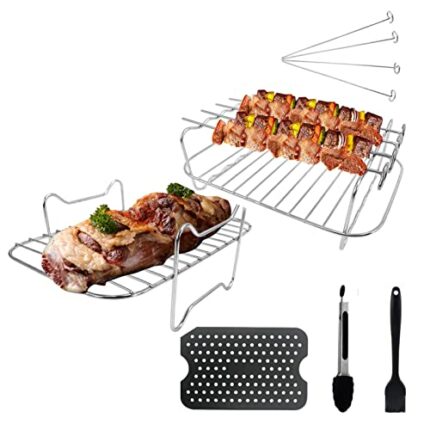 9pcs Air Fryer Rack, 2 Air Fryer Dual Layer Rack, Multipurpose Air Fryer Accessories, Stainless Steel Grilling Rack with with 4 Skewers 1 Oil Bru