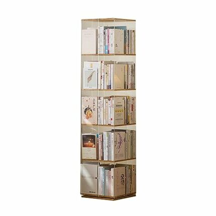VERAMY 5 Tier Bookshelf Tall Bookcase Rotating Bookshelf Clear Acrylic Book Shelf Cubic Bookshelf Floor Standing Bookcase Storage Rack Organizer