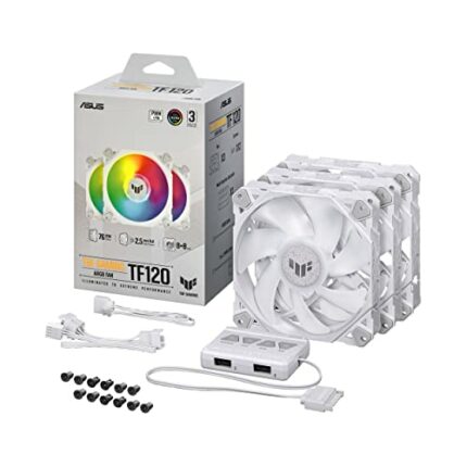 ASUS TUF Gaming TF120 ARGB White Edition (3-Pack) 3-Pin Customizable LEDs Blade, Advanced Fluid Dynamic Bearing, 120mm PWM, Anti-Vibration Pads,