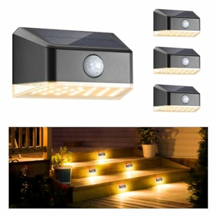 Linkind Solar Fence Lights,27 Led Solar Motion Sensor Lights Outdoor, 4 Pack Waterproof Solar Step Lights,3000k Warm White for Deck,Patio, Fence,