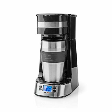 Ex-Pro Single Serve Coffee 1 Cup Maker Digital Machine and Double Wall Insulated Travel Mug, with Timer, Stainless Steel, 420ml - Silver/Black