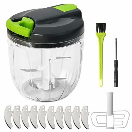 K Kwokker Manual Food Chopper, 900ml Manual Food Processors Pull String with 10 Sharp 420 Stainless Steel Blades, Vegetable Chopper Shredder, Oni