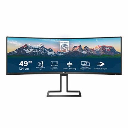 PHILIPS 498P9-49 Inch DQHD Curved ultrawide Monitor, 70 Hz, 5ms, VA, Height Adjust, Speakers, KVM, MultiView, USB HUB (5120 x 1440, 450 cd/m², HD