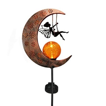 TERESA'S COLLECTIONS 100cm Garden Ornaments Outdoor, Fairy Swing on the Moon Solar Light for Garden Gift, Solar Stake with Crackle Glass Ball LED