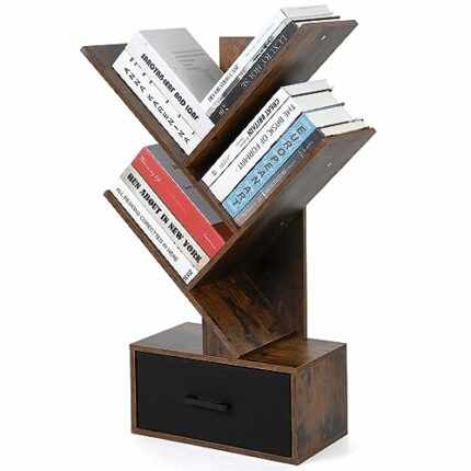 Tree Bookshelf with Drawer, 4 Shelf Retro Floor Standing Bookcase, Tall Wood Book Storage Rack for CDs/Movies/Books, Utility Book Organizer Shelv