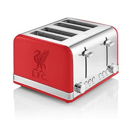 Swan Official Liverpool Football Club 4 Slice Retro Toaster, Red, 1600W, Red Indicator Lights, Defrost and Reheat Settings, Removable Crumb Tray,