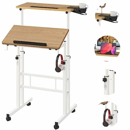 Klvied Stand Up Desk on Wheels, Portable Computer Desk for Home Office,Rolling Desk for Laptop with Removable Cup Holder, Adjustable Laptop Cart