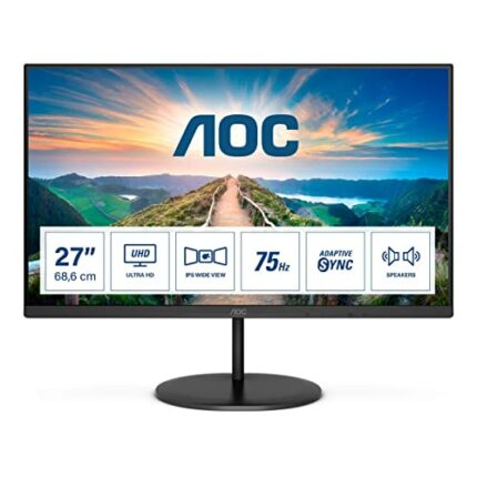AOC U27V4EA - 27 Inch 4K UHD Monitor, 60Hz, 4ms, IPS, Adaptive Sync, Speakers, FlickerFree (3840x2160 @ 60Hz, 350cd/m², HDMI 2.0 x 2, DisplayPort