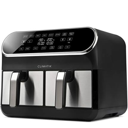 Climatik Premium Dual Air Fryer - Extra Large 8L Capacity - With 2 x 4L Double Baskets - Energy Efficent Cooking Zones - Sleek Chrome Design | LE