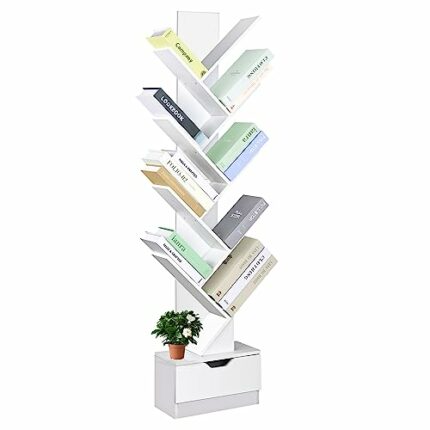 Tree Bookshelf with Wooden Drawer, 10-Tier Open Shelf Narrow Bookcase, Unique Vertical Spine Bookshelf Small Spaces, Book Shelf with Drawers Stor