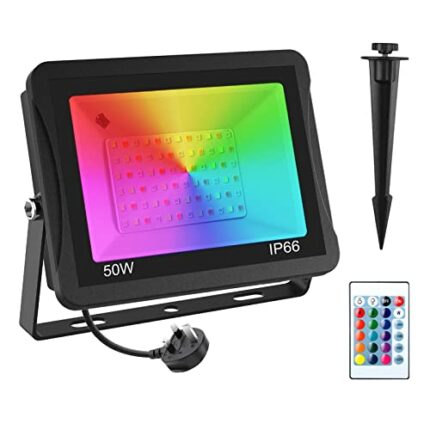 T-SUNUS 50W RGB LED Flood Lights, Colour Changing LED Security Light, 16 Colours & 4 Modes, UK 3-Plug & Remote Control, IP66 Waterproof, Outdoor