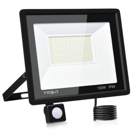 100W Security Lights Outdoor Motion Sensor, 10000LM PIR LED Floodlights 6500K Cold White IP66 Waterproof Outside Lights with Sensor Black Shell,