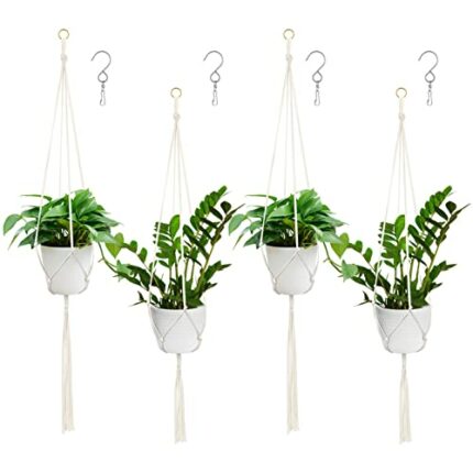 Bestomrogh 4Pcs Macrame Plant Hangers, Hanging Plant Holder Indoor Outdoor White Cotton Rope Hanging Planter Basket Holder with 4 Hooks for Patio
