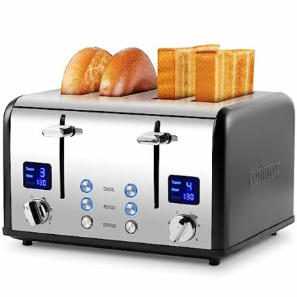 Toaster 4 Slices, Cusimax Stainless Steel Toaster with Ultra-Clear LED Display & 4 Extra-Wide Slots, Defrost/Reheat/Cancel Function, 6 Browning S