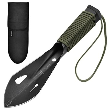 iunio Garden Trowel, Multi Tool Camping Trowel Hand Shovel with Paracord Handle & Carrying Pouch for Metal Detecting, Digging, Gardening, Plantin