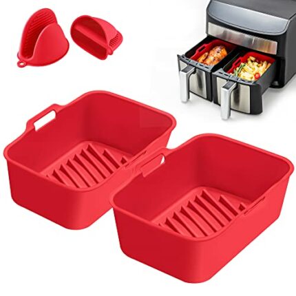 HEETA Silicone Air Fryer Liner Compatible for Ninjas AF400UK [2 Pack] Newest Silicone Pot with Oven Gloves, Reusable Dual Air Fryer Silicone Bask