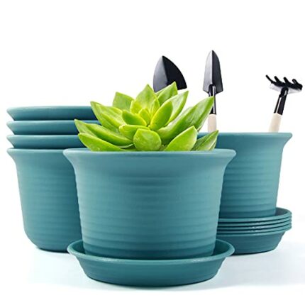 Baodan Plastic Flower Pots, Set of 6 Nursery Plant Pots,Plant Containers with Drainage Holes and Trays, 6 inch House Decorative Round Planters fo