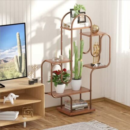 Allinside Cactus Corner Bookshelf, 6 Tiers Multipurpose Plant Stand, Heavy-Duty Metal Corner Shelf, Creative Tall Display Rack, Rustic Bookcase f