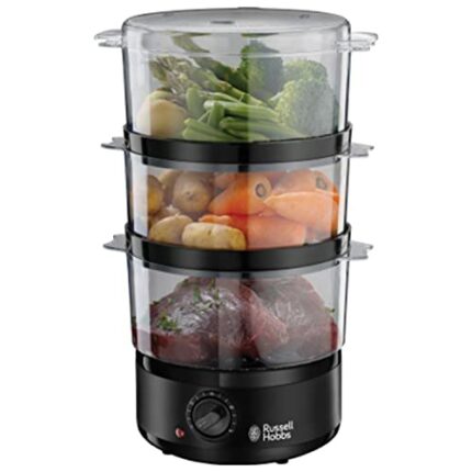 Russell Hobbs 26530 Electric Food Steamer, Capacity with BPA Free Baskets and Rice Bowl (Included) for Vegetables, Meat and Fish, Black, 3 Tier,