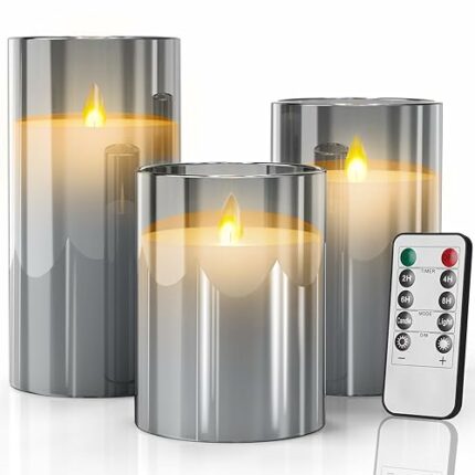 SUNNEST Led Flameless Candles, Silver Grey Glass Fake Candle Battery Operated Flickering Candle Pillar Real Wax Moving Flame Electric Candle Sets