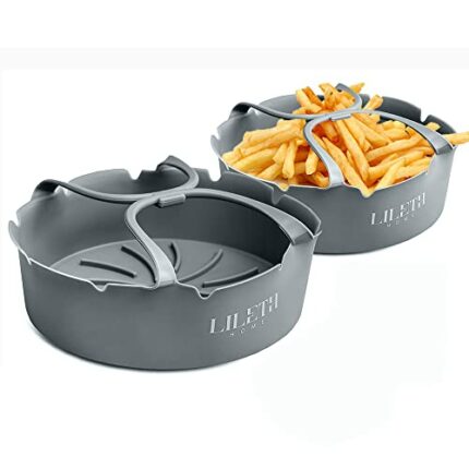 LILETH HOME Silicone Air Fryer Liners Reusable (2 Pack Grey) Large 9in 22cm | Easy Lift Long Handles | Round Silicone Air Fryer Liner Pot Basket