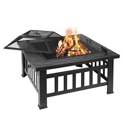 Wgwioo Outdoor Fire Pit, Square Metal Firepit Table, Wood Burning Stove Bbq Table, Ice Pit, Heater, Suitable for Backyard Garden Camping Party