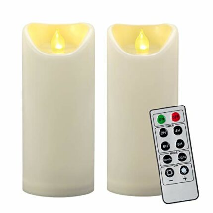 2PCS 7" Outdoor Waterproof LED Flameless Pillar Candles with Remote & Timer/Large Flickering Battery Operated Electric Ivory Plastic Fake Candles