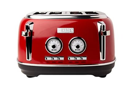 Haden Jersey Red Toaster 4 Slice – Electric Stainless Steel Toaster - Reheat and Defrost Functions - Self Center Function – 1370-1630W, 220-240V,