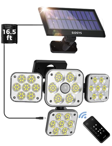 SIDSYS Solar Security Lights 180 LED 2400 mAh Motion Sensor Outdoor Lights IP65 Waterproof 16.5 FT Cord 330° Wide Angle with Remote Control 1 Pac