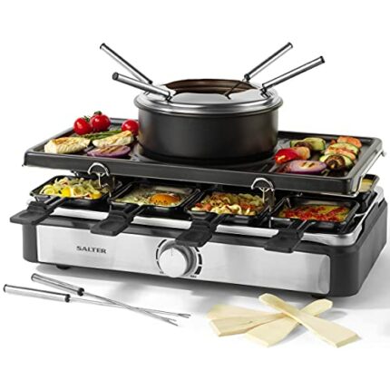 Salter EK4513 Electric Raclette Grill & Fondue - 2 In 1 Indoor Grill, 1.3L Chocolate Melting Pot, 6 Forks, Cheese Fondue Set, Adjustable Temperat