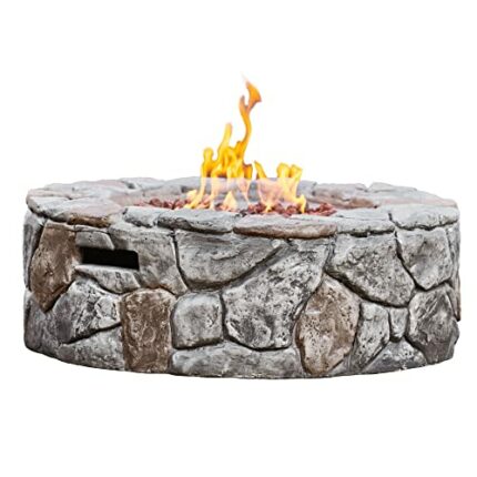 Teamson Home Outdoor Garden Round Propane Gas Fire Pit Table Burner, Smokeless Firepit, Patio Furniture Heater, Stone Effect with Lava Rocks & Co